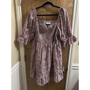 Eloquii Elements Mini Dress Size 22 Pink Animal Print Smocked Tiered Puff Sleeve